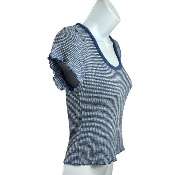 Abercrombie & Fitch Striped Blue Crop Top Sz XS Lettuce Trim Blouse Short Sleeve - Picture 4 of 7